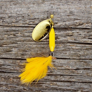 Handmade Spinner Fishing Lure • Yellow w/ Polished Brass Blade • Dressed Hook • Made in Canada • For Trout Salmon Bass Pike Perch Panfish -
