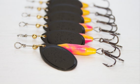 Handmade Spinner Fishing Lure Yellow & Pink W/ Black Blade Inline