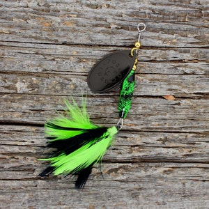 Handmade Spinner Fishing Lure • Green & Black w/ Black Blade • Dressed • Inline Spinner • Made in Canada • Trout Salmon Bass Pike Perch Gift