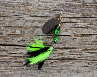 Handmade Spinner Fishing Lure • Green & Black w/ Black Blade • Dressed • Inline Spinner • Made in Canada • Trout Salmon Bass Pike Perch Gift