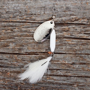 Handmade Spinner Fishing Lure • White w/ Nickel Blade • Dressed Hook • Made in Canada • For Trout Salmon Bass Pike Perch Panfish & more -