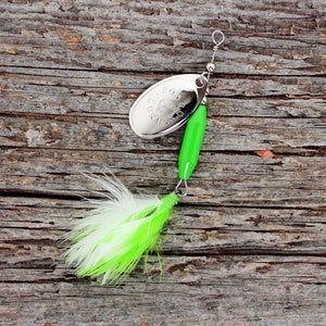 Handmade Spinner Fishing Lure • Green w/ Nickel Blade • Inline Spinner • Dressed • Made in Canada • Trout Salmon Bass Pike Perch Panfish