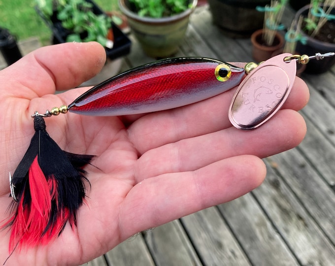 Handmade Wooden Minnow Spinner Fishing Lure • Made in Canada • For Bass, Pike, Salmon & more • Perfect Fishing Gift -