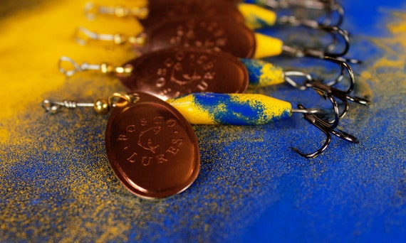Handmade Spinner Fishing Lure Yellow & Blue W/ Copper-print Blade