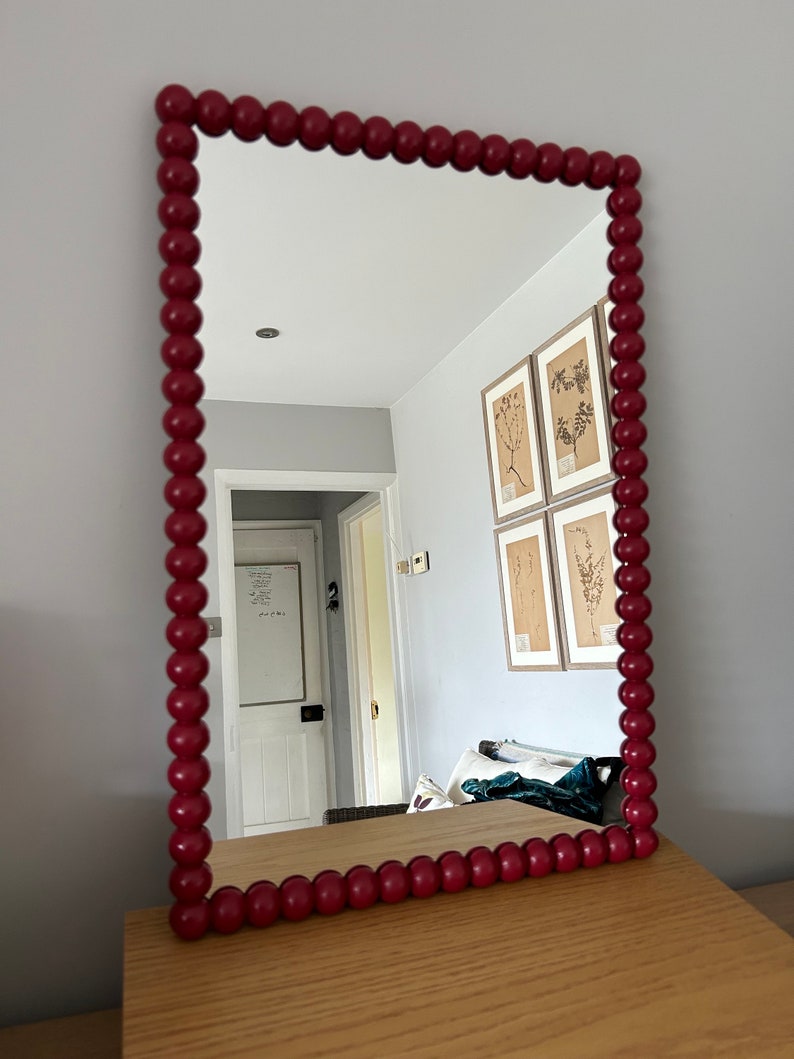 Beautiful full round handpainted Bobbin bobby 30mm mirrors in natural wood, three sizes available 26cm x 36cm, 60cm x 40cm and 90cm x 65 image 7