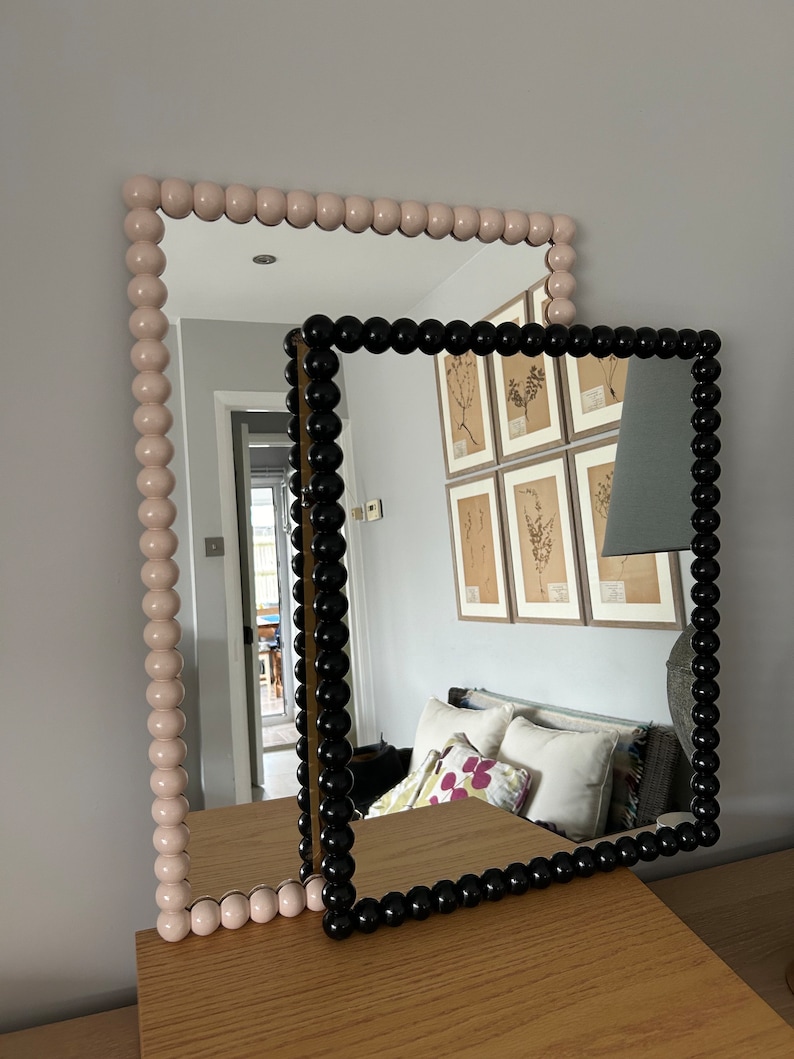 Beautiful full round handpainted Bobbin bobby 30mm mirrors in natural wood, three sizes available 26cm x 36cm, 60cm x 40cm and 90cm x 65 image 8