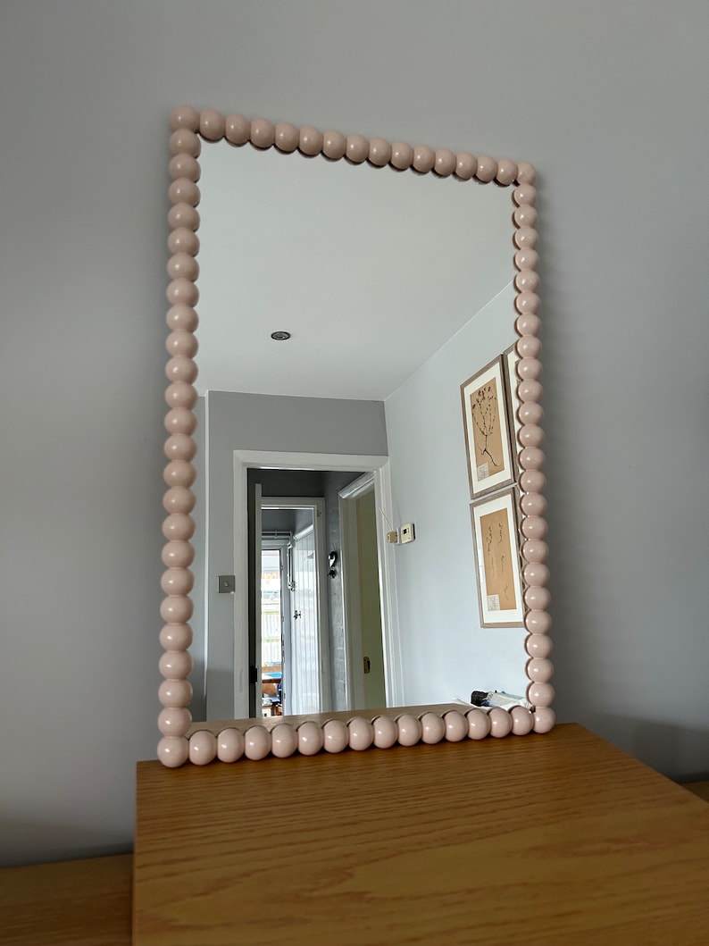 Beautiful full round handpainted Bobbin bobby 30mm mirrors in natural wood, three sizes available 26cm x 36cm, 60cm x 40cm and 90cm x 65 image 10