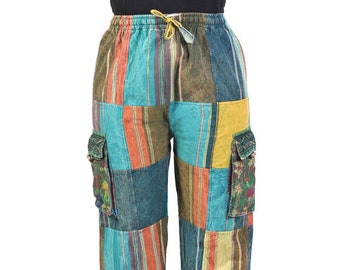 Pantalon hippie bohème en coton avec empiècements délavés à la pierre