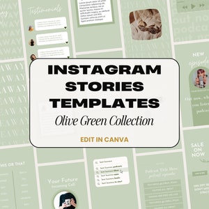 Puede incluir: Una colección de plantillas de historias de Instagram en un esquema de color verde oliva. Las plantillas presentan cuadros de texto, iconos e imágenes. El texto "Instagram Stories Templates Olive Green Collection Edit in Canva" se muestra en el centro de la imagen.