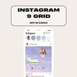 May include: A 9-grid Instagram post template with a purple and pink background. The template features a woman holding a camera, a sky with clouds, and a mushroom with a cloud. The text "My Business Content Hub" is visible in the top left corner.