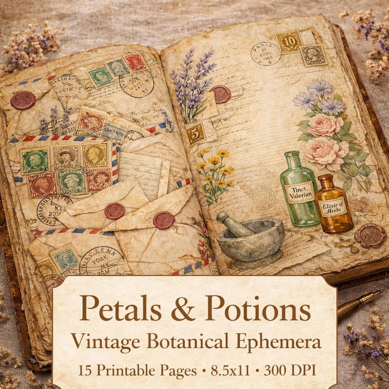 Junk Journal Kit | Ephemera Printable | 15 Vintage Botanical Apothecary ...