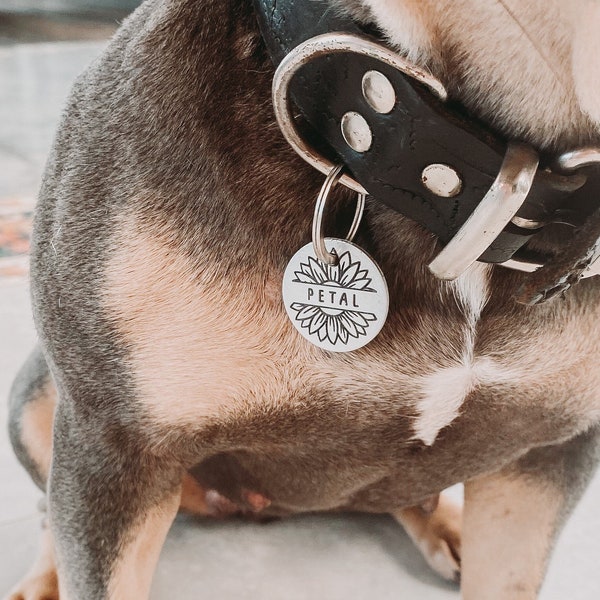 Brass Pet Name Tag, Dog keychain, Pet ID tag, Brass flower Cat tag, personalised Engraved Silver Copper keytag, Custom Sun flower Dog wear
