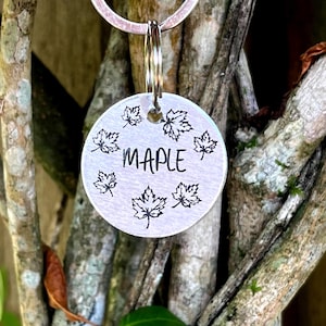 Brass Dog tag, Maple Stamped Dog, Dog ID Tag, Personalised Dog Collar Name Tag, Custom Metal Pet Tag, Tiny Cat engraved tag, leaf