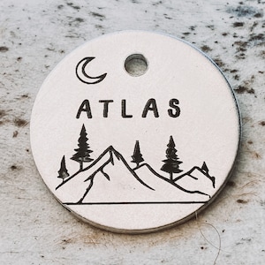 Brass Dog tag, Pet Tag, Dog tag for Dogs, Unique Dog ID Tag, Gift for Dog, Mountain Dog tag, Dog Collar, Engraved Dog tag, Silver name tag