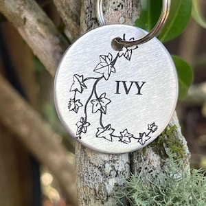 以下が含まれることがあります： アイビーの葉のつるが描かれた、銀色の丸いペットタグ。タグには「IVY」と刻印されています。