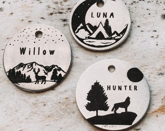 Dog Tag, Dog Tags for Dogs, Dog Tags, Pet Id Tag, Personalised Dog Tag, Mountain Trees Tag, Luna Dog Tag, Stars dog tag, mountain dog tag