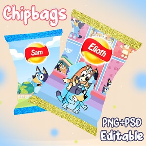 Puede incluir: Dos diseños de bolsas de patatas fritas imprimibles con los personajes de la serie animada Bluey. Los diseños son personalizables con nombres, "Sam" y "Eliot". Las bolsas están decoradas con un borde de purpurina azul y dorado.