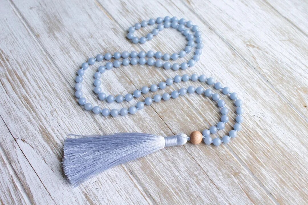 108 Beads Mala Prayer Tassel Necklace Angelite Stone Beads Etsy