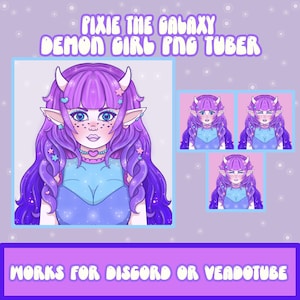 May include: A purple demon girl with blue eyes and pink hearts on her cheeks. She has purple hair with stars and hearts. She is wearing a blue and white shirt with a pink heart necklace. The image is labelled "Pixie the Galaxy Demon Girl PNG Tuber" and "Works for Discord or Veadotube".