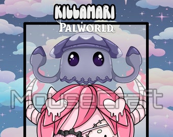May include: A pink and white cartoon character with a purple jellyfish head accessory. The character has large eyes, a heart-shaped mouth, and a pink and white outfit. The text "Killamari Palworld PNG Tuber Head Accessory" is at the bottom of the image.