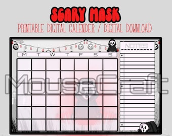 Scary Mask | Printable Monthly Calendar Sheet | Digital download