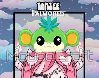 May include: A cartoon green character with a marijuana leaf on its head wearing a pink and white dress with a heart on the front. The character is wearing a black choker with a heart and a black and white accessory. The text "Tanzee Palworld" is at the top of the image and "PNG Tuber Head Accessory" is at the bottom.