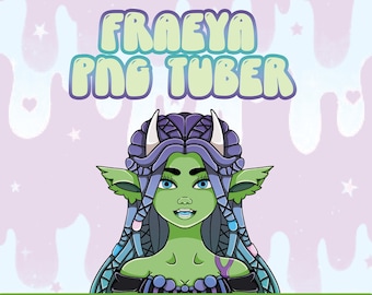 May include: A green-skinned character with purple hair and horns, wearing a black and purple dress. The character is a PNG tuber, which means it can be used as an avatar or profile picture. The text "FRAEYA PNG TUBER" is at the top of the image, and the text "WORKS FOR DISCORD OR VEADOTUBE" is at the bottom.