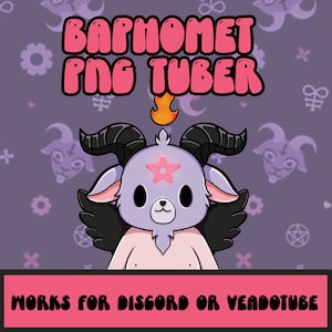 Op de afbeelding: Een cartoon afbeelding van een roze en paarse geit met hoorns en een pentagram op zijn voorhoofd. De geit draagt een zwarte cape en heeft een roze halo. De tekst "Baphomet PNG Tuber" staat bovenaan de afbeelding, en de tekst "Works for Discord or Veadotube" staat onderaan.