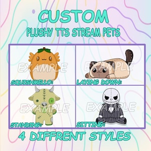 May include: Four different styles of custom plush toys for streaming. The styles are: Squishmello, Laying Down, Standing, and Sitting. Each style is shown with a different example plush toy.