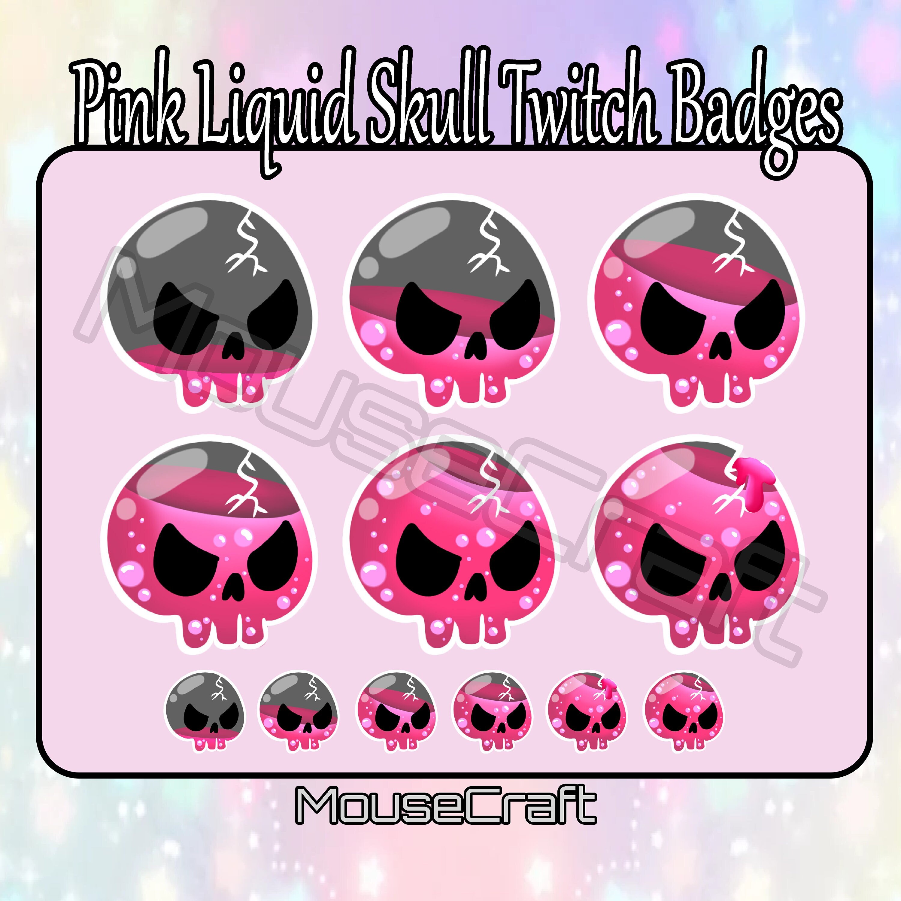 Pink Liquid Skull Badges | 6 Pack | Premade | Twitch Sub Badge