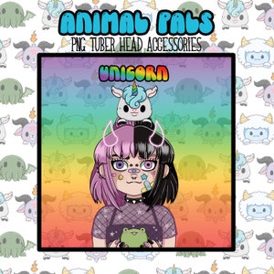 Puede incluir: Ilustración digital de un personaje de dibujos animados con cabello bicolor negro y rosa, sosteniendo una rana verde. La imagen incluye el texto "ANIMAL PALS" y "PNG TUBER HEAD ACCESSORIES". Un gráfico de unicornio está en la cabeza del personaje.