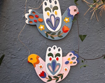 Set of 2 wooden birds wall decor, Bird wall art, Floral birds wall hanging