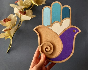 Handmade Wooden Hamsa Hand Wall Hanging: Boho Evil Eye Decor