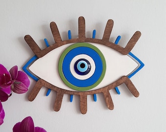 Wooden Evil Eye Wall Hanging – Lucky Charm Decor, Handmade Wall Art