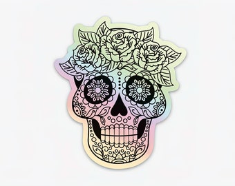 Sugar Skull Holographic Sticker -- Day of the Dead Sticker -- Hydro Flask Sticker -- Laptop Sticker -- Cute Sticker -- Skull Sticker