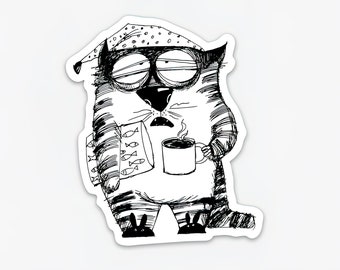 Funny Cat with Coffee -- Cute Sticker -- Hydro Flask Sticker -- Laptop Sticker -- Planner Sticker -- Funny Sticker