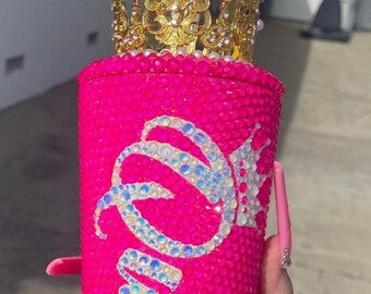 THE ORIGINAL Queen Tingz Neon Pink Crown Crystal Bling Tumbler Cup