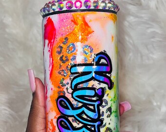 Rainbow Leopard Swirl 30z Custom Glitter Skinny Tumbler
