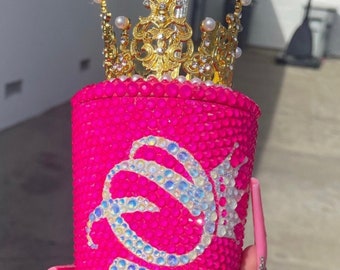 THE ORIGINAL Queen Tingz Crown Tumbler | Neon Pink Crystal Bling Cup with Straw | Custom Bedazzled Gift