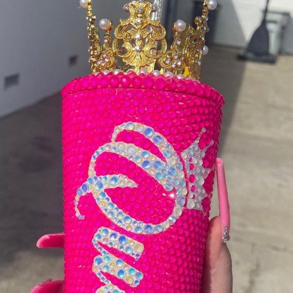 THE ORIGINAL Queen Tingz Neon Pink Crown Crystal Bling Tumbler Cup