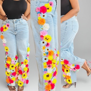 Pantalones vaqueros floreados y deslumbrantes / Pantalones llamativos hechos a mano / Ropa de moda única tallas S-3X