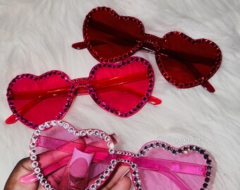 Heart Eyes Only | Blinged Heart-Shaped Sunglasses | Red, Pink and Hot Pink Rhinestone Rim | Valentines Day Glasses