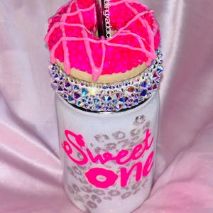 Sweet One Mason Jar Tumbler with Crystals | Bling Donut Cup | 16oz Insulated Metal Drinkware