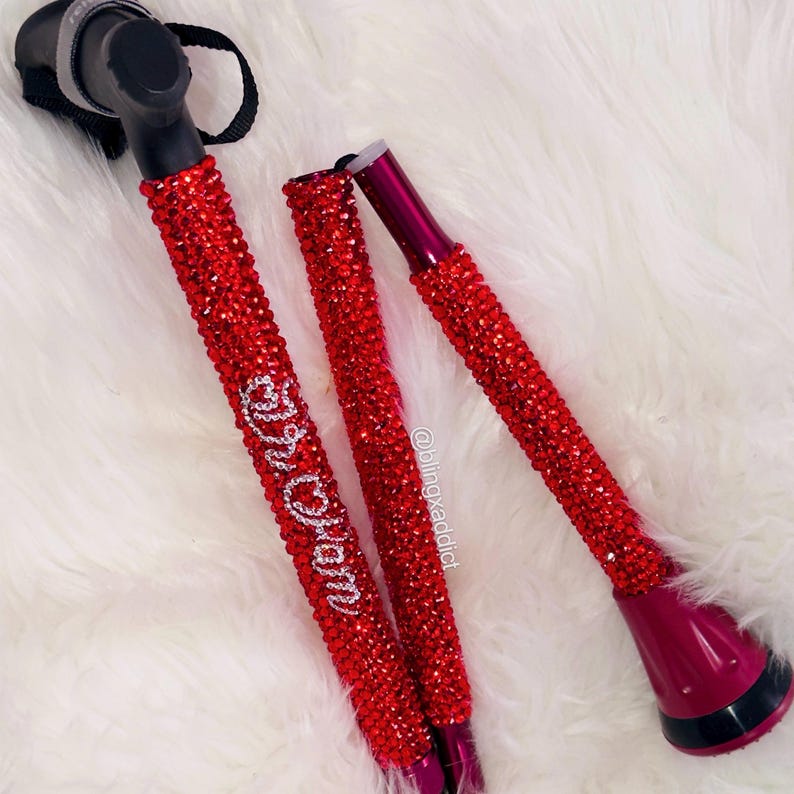 Crystal Bedazzled Foldable Walking Cane | Ergonomic Grip Handle | Supports Up to 350 lbs | Adjustable Height to 6’5” | Custom Name Option Red