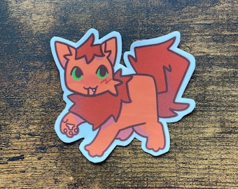 May include: A sticker of a cartoon red cat with green eyes and a pink nose. The cat is walking with its tail curled up.