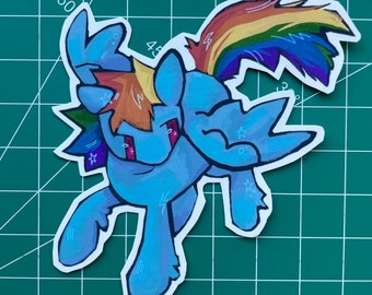 May include: A blue and purple cartoon pony with a rainbow mane and tail. The pony is running and has a determined expression on its face.
