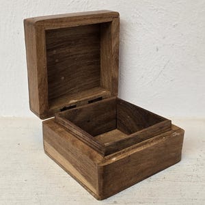 Square Wooden Keepsake Box, Small Wood Storage Box with Hinged Lid, 4x4 Walnut Stain Trinket Box, Rustic Jewelry Organizer, Empty Gift Box
