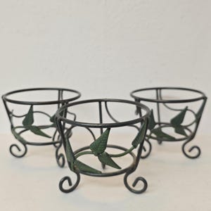 Vintage Set of 3 Mini 3.5 Inch Wrought Iron Plant Stands, Small Footed Metal Succulent Pot Holders, Rustic Cottagecore Leaf Planter Riser