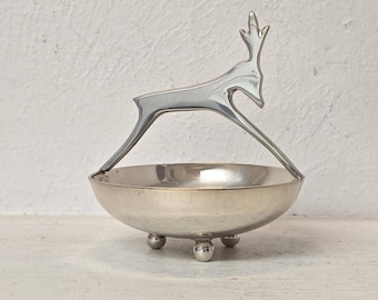 Plato para dulces con forma de ciervo, chapado en plata, de la marca Vintage India House; cuenco con forma de ciervo de Sheridan Holiday; plato para baratijas de estilo moderno de mediados de siglo; cuenco con pie de 10,7 cm de ancho.