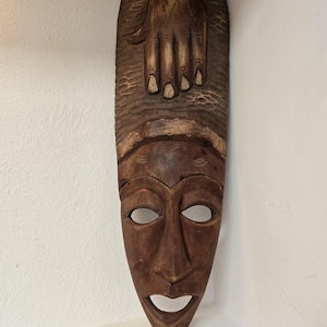 Vintage Hand-Carved African Wooden Mask – 18.5” Tribal Wall Art Decor – Unique Ethnic Mask with Hand Motif – Rustic Boho Wooden Carving